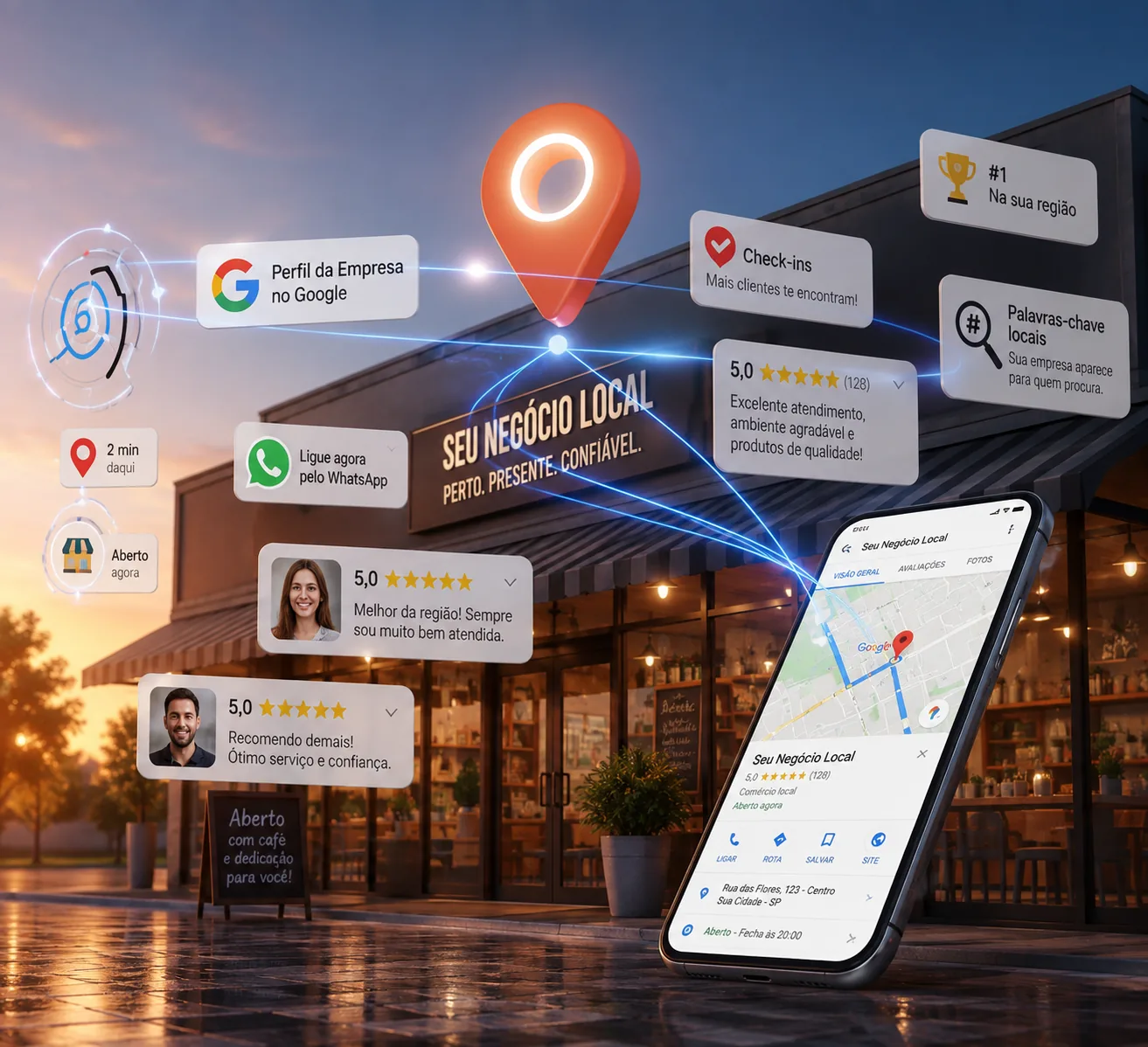 Perfil da empresa no Google exibindo avaliações, mapa e caminho de contato